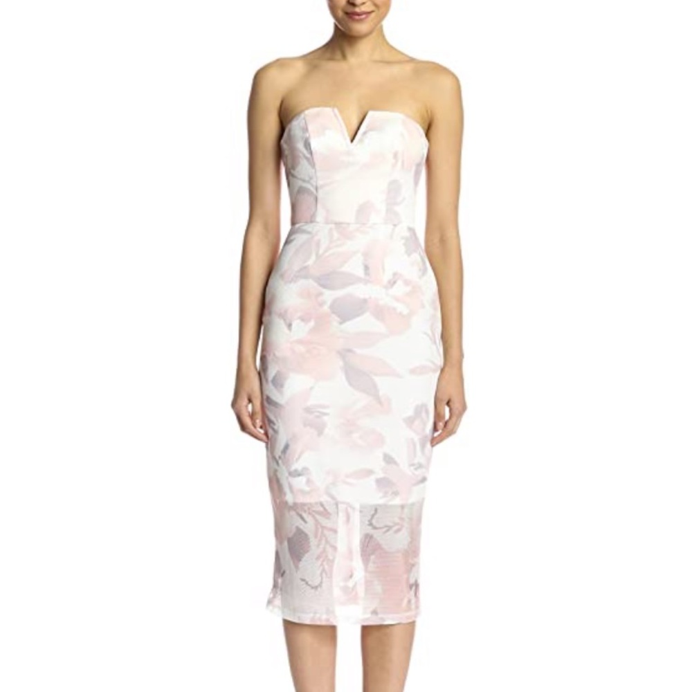 NWT Mesh Floral Strapless Cocktail Midi Dress